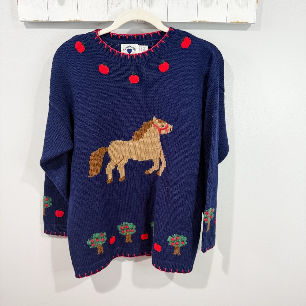 Vintage Hartstrings 3D Horse Sweater Navy Red Apples 14/16